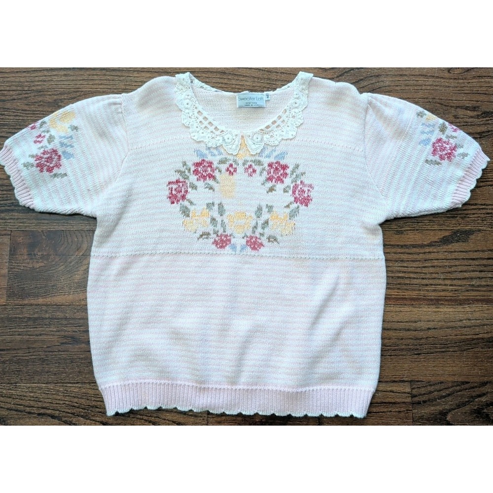 Vtg Sweater Loft Pink Stripe S/S Sweater Peter Pan Lace Collar Cottagecore Sz M